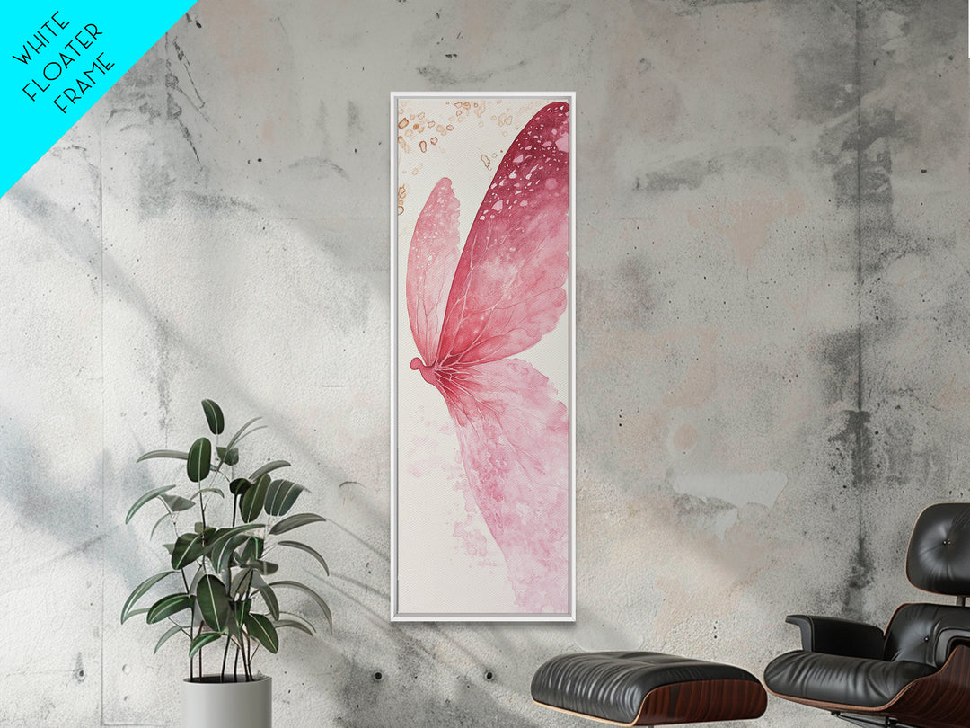 Pink Butterfly Whimsical Art Framed Canvas Print, Cherry Blossom Painting with Light Pink Abstract Style, Minimalist Vertical Wall Art