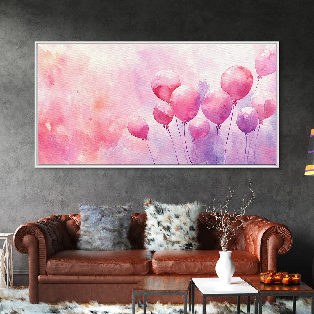 Pink Balloons Painting Framed Canvas Print, Whimsical Art Light Pink Wall Decor, Extra Wide Horizontal Wall Art Rustic Art Gift