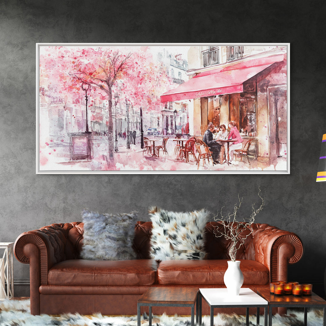 Parisian Café Scene Framed Canvas Print, Cherry Blossom Painting, European Street Art, Romantic Wall Art, Living Room Decor