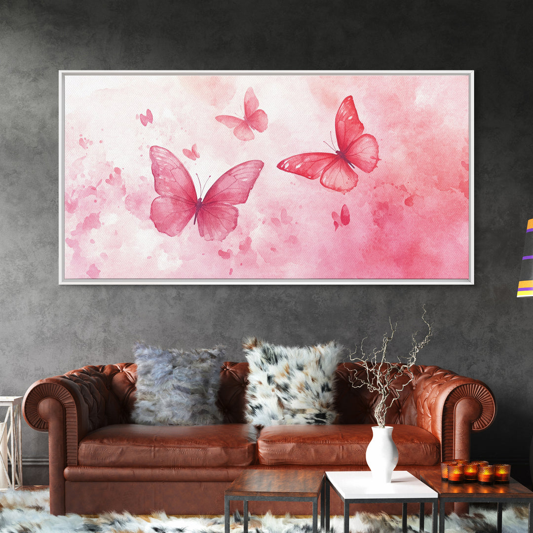 Pink Butterflies Canvas Print, Whimsical Art, Light Pink Wall Art, Feminine and Romantic Decor, Bedroom or Living Room Gift Idea
