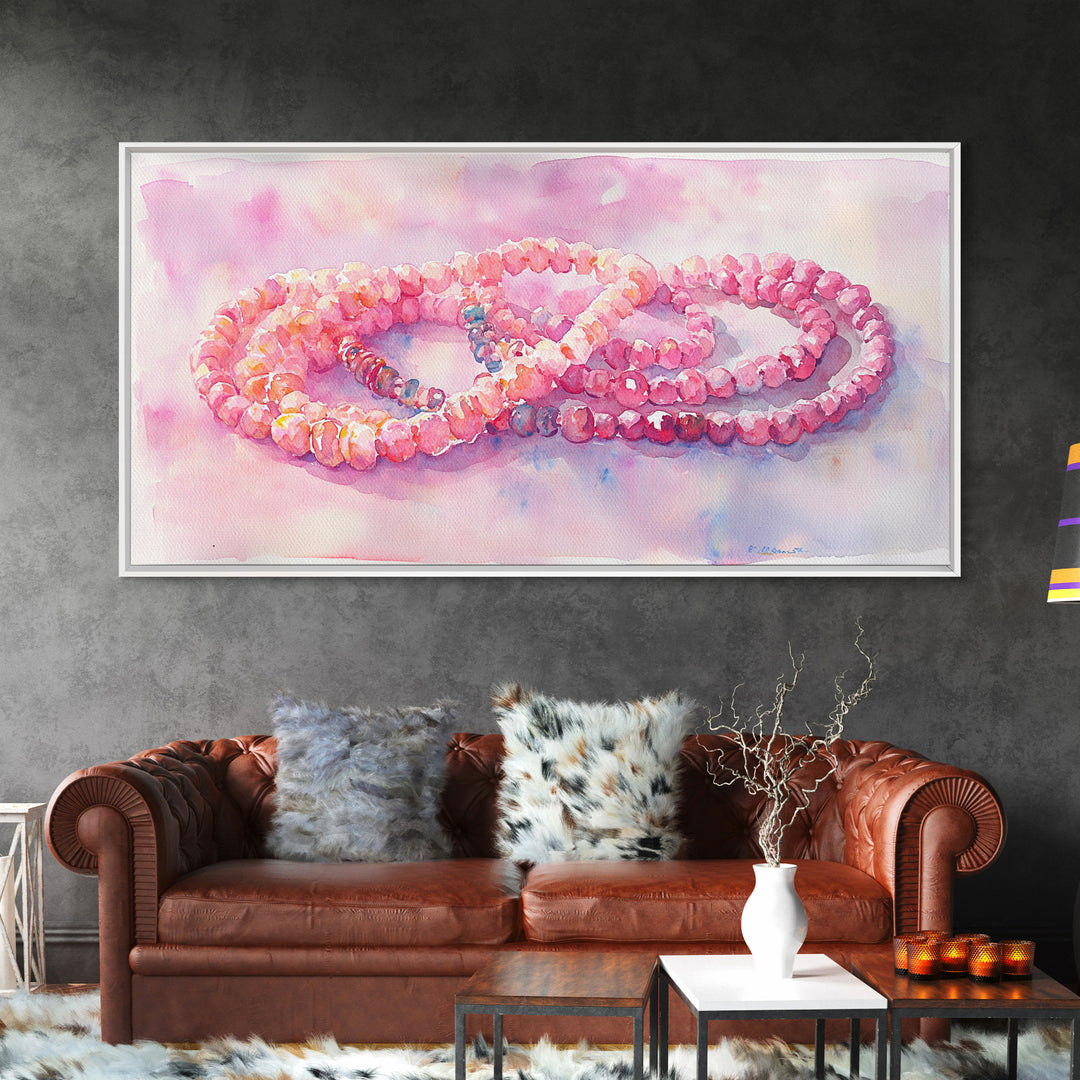 Pink Beaded Necklace Canvas Print | Romantic Jewelry Wall Art | Feminine Framed Canvas Print | Gift Idea for Her | Light Pink Decor