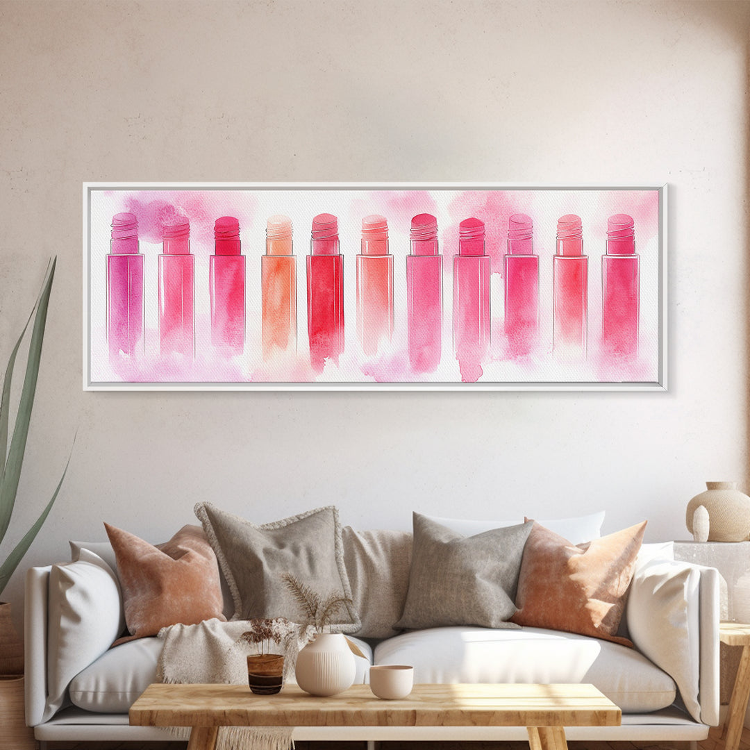 Pink Abstract Art Framed Canvas Print Featuring Lip Gloss Collection, Feminine Living Room Artwork, Boho Dorm Decor Gift Idea