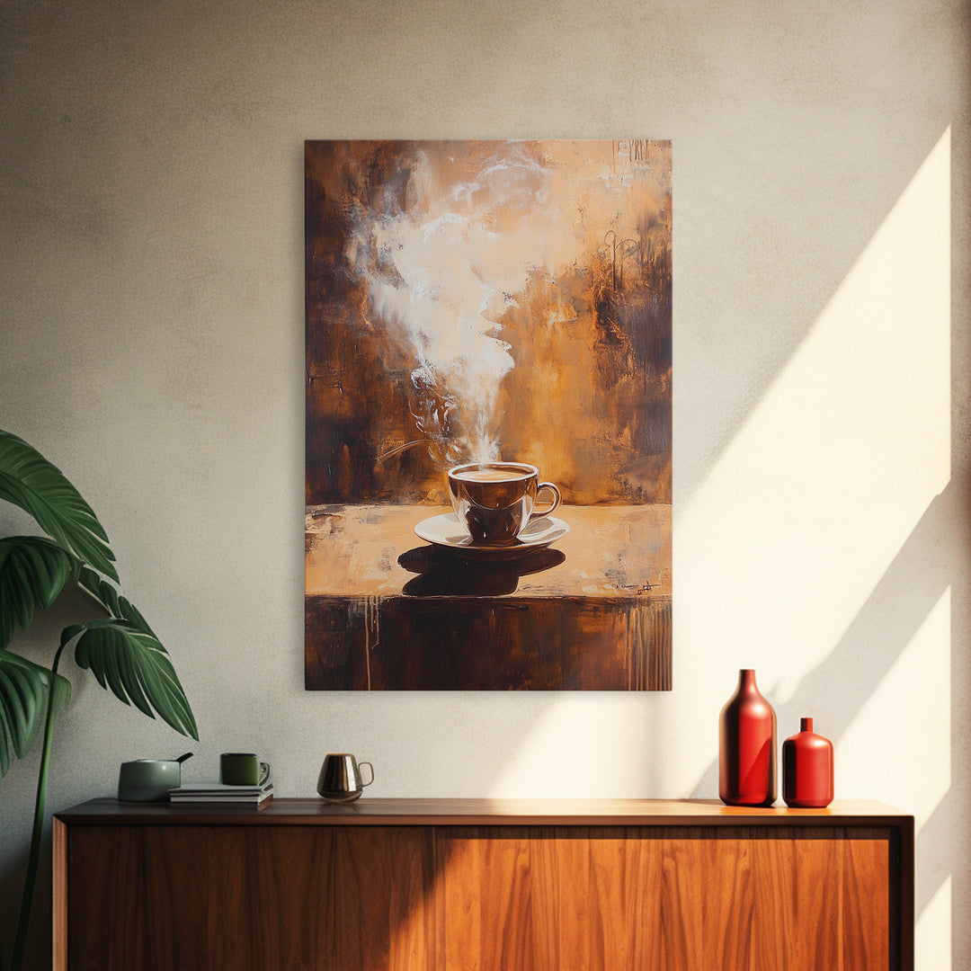 Rustic Steaming Coffee Framed Canvas Print | Warm Coffee Wall Art | Cozy Kitchen Art | Espresso Painting | Coffee Lover Gift Idea