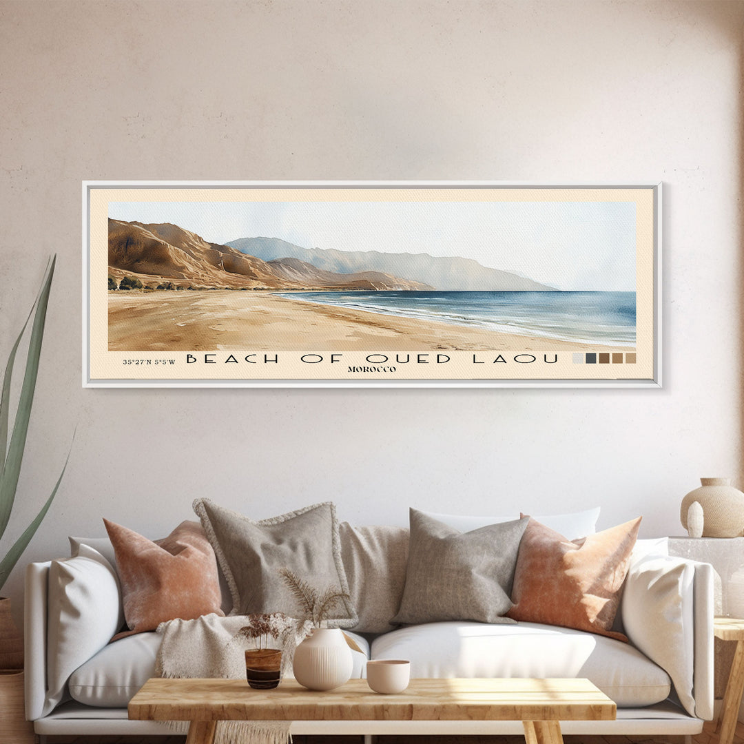 Beach of Oued Laou, Morocco Watercolor Print, Vacation Gift, Morocco Wall Art, Beach Painting, Beach Decor, Large Wall Art, Wood Frame Art