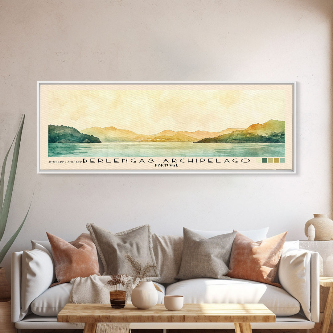Berlengas Archipelago, Portugal Watercolor Print, Vacation Gift, Portugal Wall Art, Beach Painting, Beach Decor, Large Wall Art, Wood Frame Art