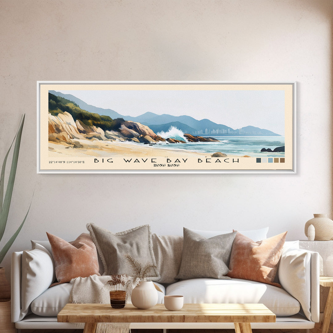 Big Wave Bay Beach, Hong Kong Watercolor Print, Vacation Gift, Hong Kong Wall Art, Beach Painting, Beach Decor, Large Wall Art, Wood Frame Art