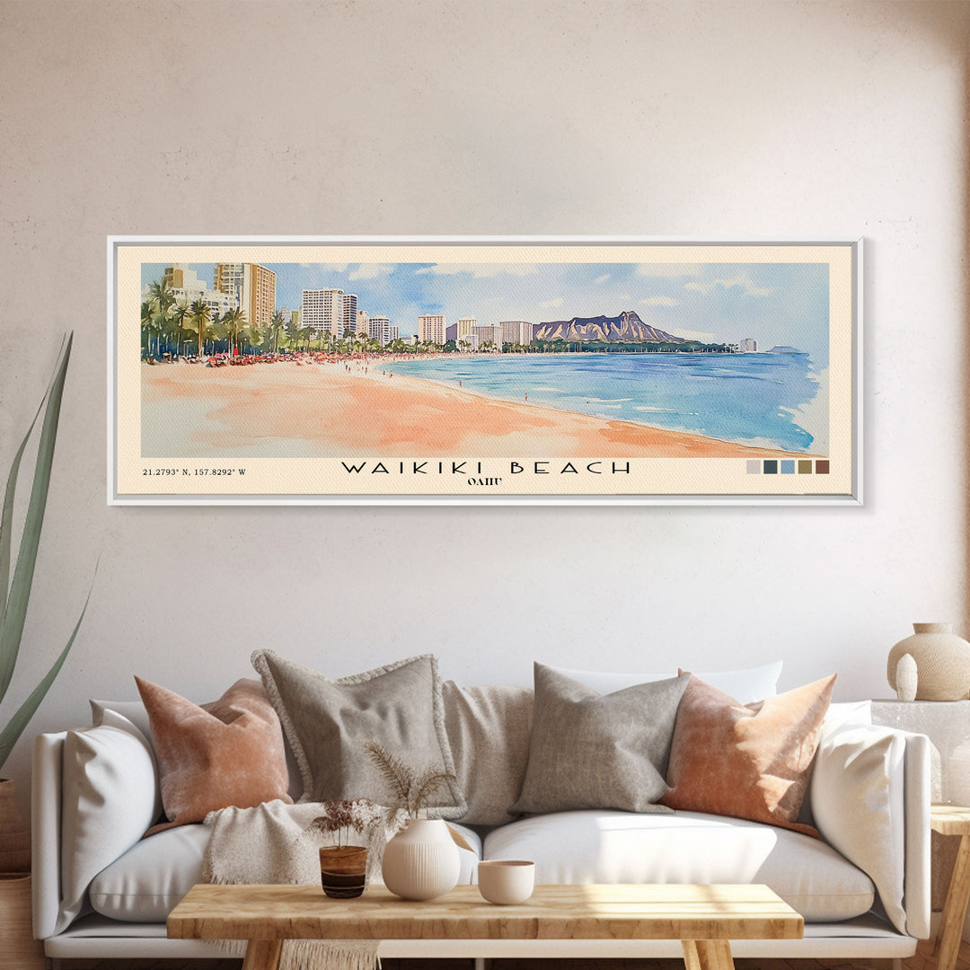 Waikiki Beach, Oahu Watercolor Print, Vacation Gift, Oahu Wall Art, Beach Painting, Beach Decor, Beach Or Lakehouse Art