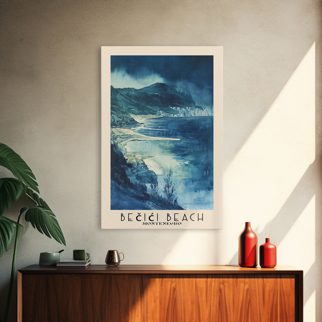 Bečići Beach, Montenegro Watercolor Print, Vacation Gift, Montenegro Wall Art, Beach Painting, Beach Decor, Large Wall Art, Wood Frame Art
