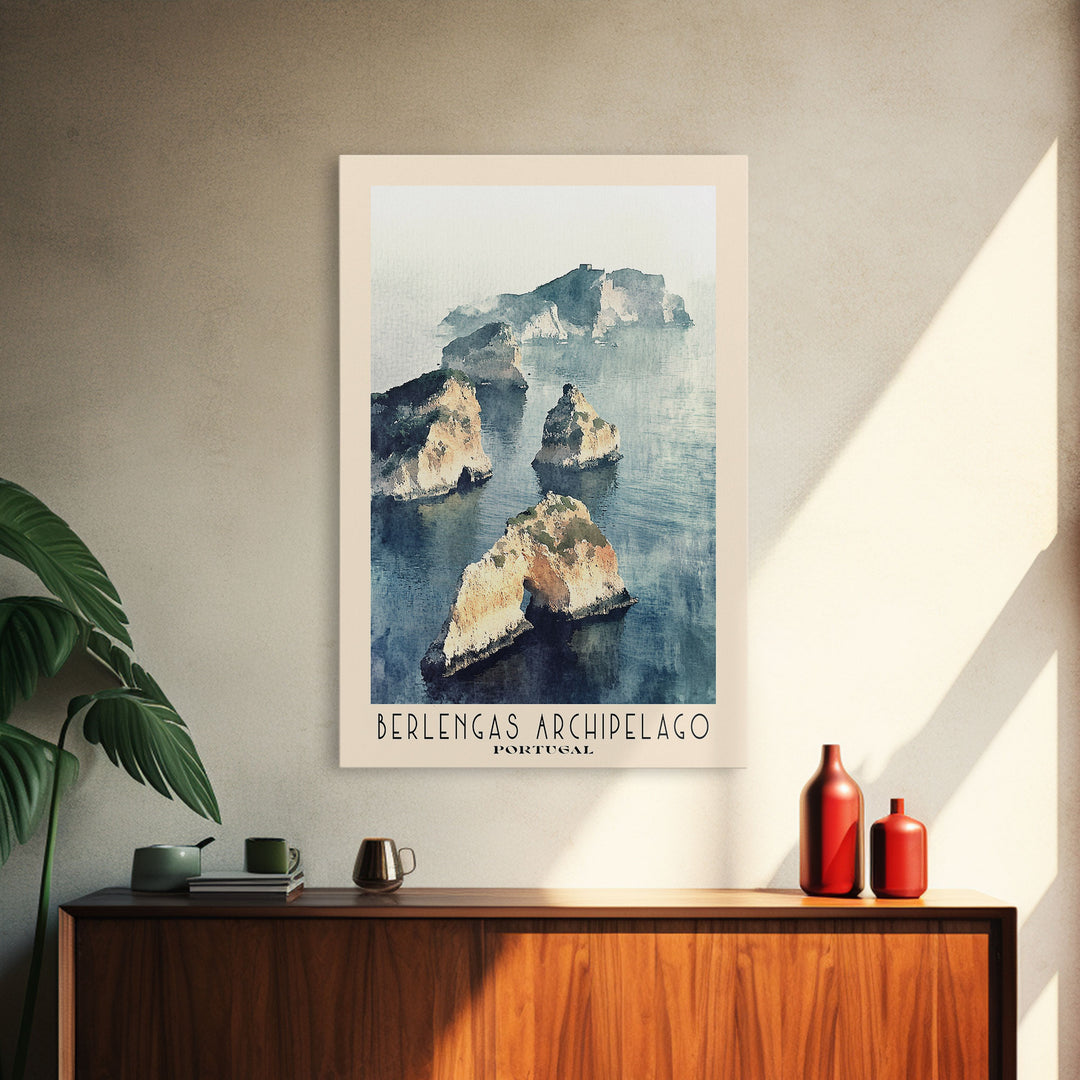 Berlengas Archipelago, Portugal Watercolor Print, Vacation Gift, Portugal Wall Art, Beach Painting, Beach Decor, Large Wall Art, Wood Frame Art