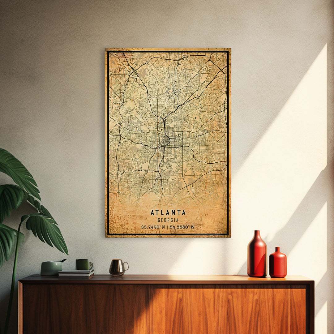 Old Atlanta City Map Wall Art Canvas Print, Vintage Style Atlanta Map, Framed Wall Art, Cool Atlanta Georgia Wall Art, Office Decor