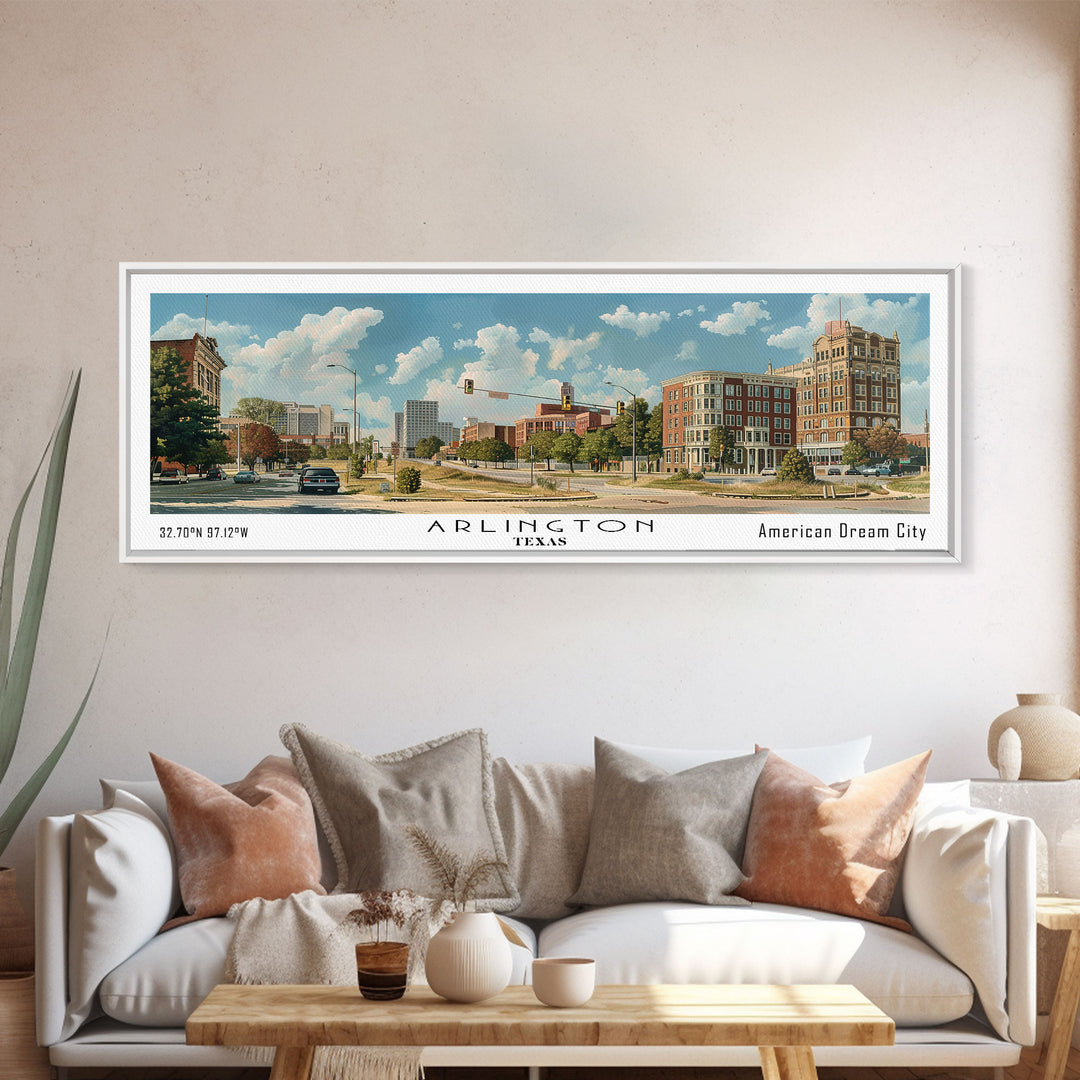 Arlington Texas Panoramic Painting, Watercolor Framed Canvas Print, Scenic City Art, Travel Poster, Wall Decor, Living Room Art, Gift Idea