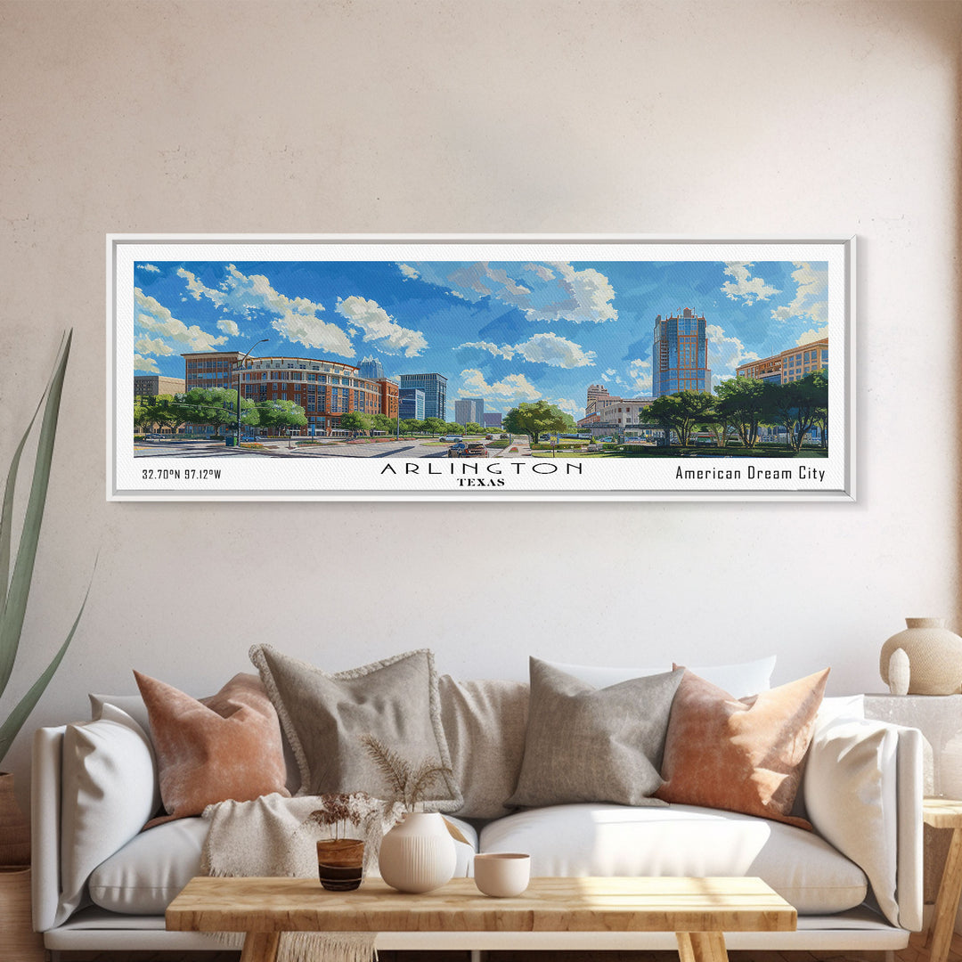 Arlington Texas Panoramic Watercolor Painting, Framed Canvas Print, Scenic City Art, Travel Poster, Home Decor, Wall Hanging, Office Wall Art