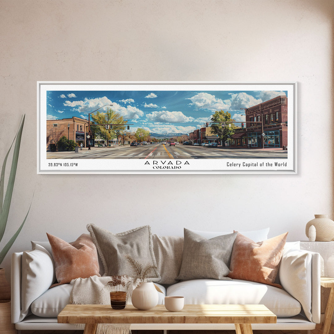 Arvada Colorado Panoramic Painting, Watercolor Framed Canvas Print, Scenic Cityscape, Travel Poster, Wall Decor, Living Room Art, Office Wall Art