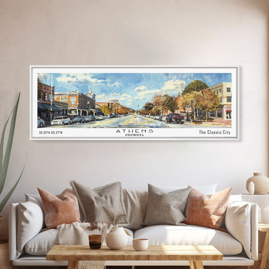 Athens Georgia Panoramic Painting, Watercolor Framed Canvas Print, Scenic City Art, Travel Poster, Home Decor, Wall Hanging, Gift Idea