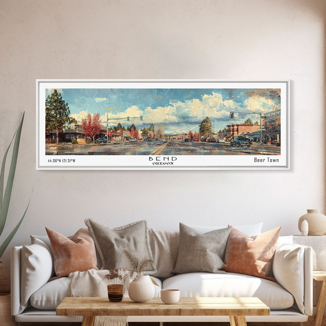 Bend Oregon Panoramic Painting, Watercolor Framed Canvas Print, Scenic City Art, Travel Poster, Home Decor, Wall Hanging, Living Room Art