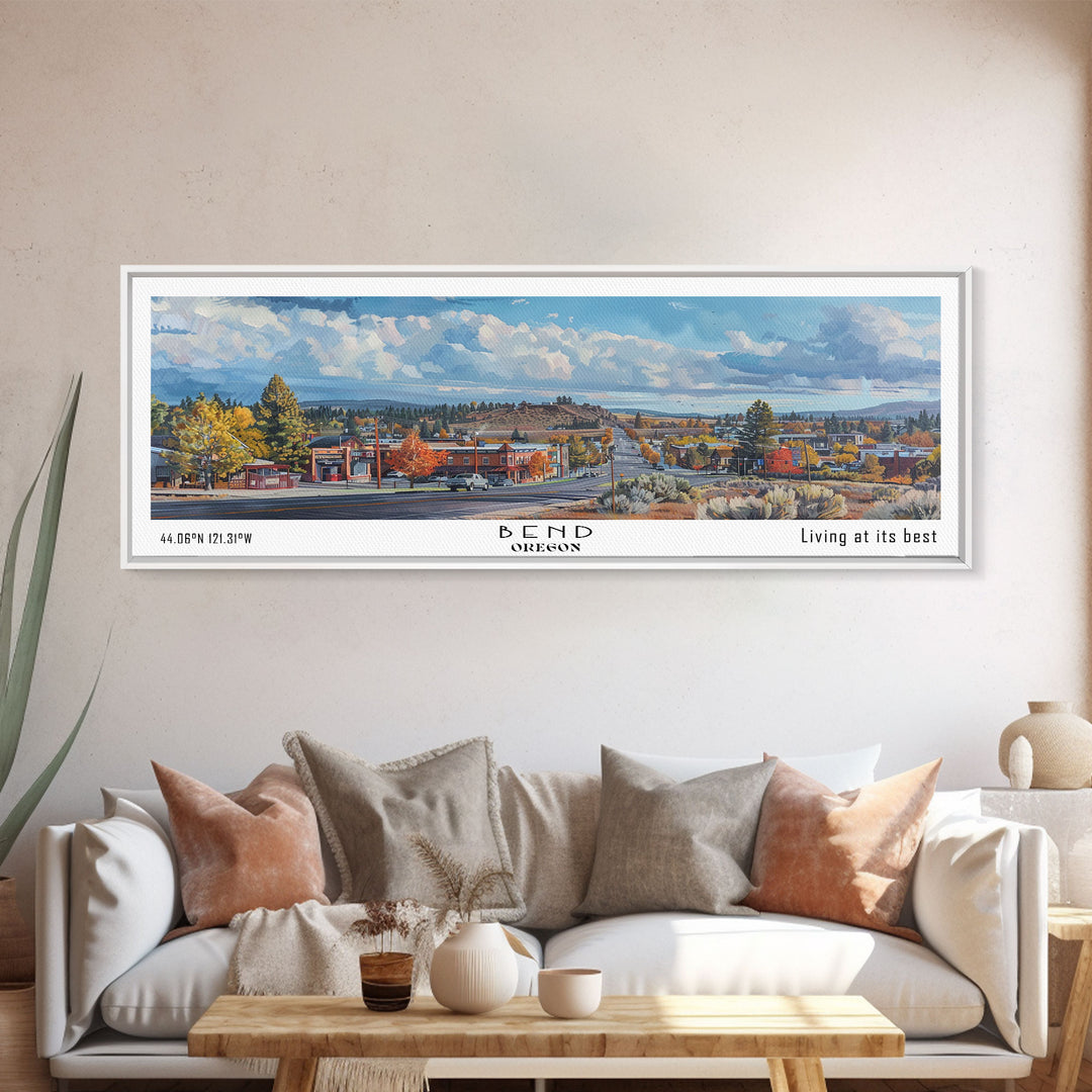 Bend Oregon Panoramic Watercolor Painting, Framed Canvas Print, Scenic City Art, Travel Poster, Wall Decor, Living Room Art, Gift Idea