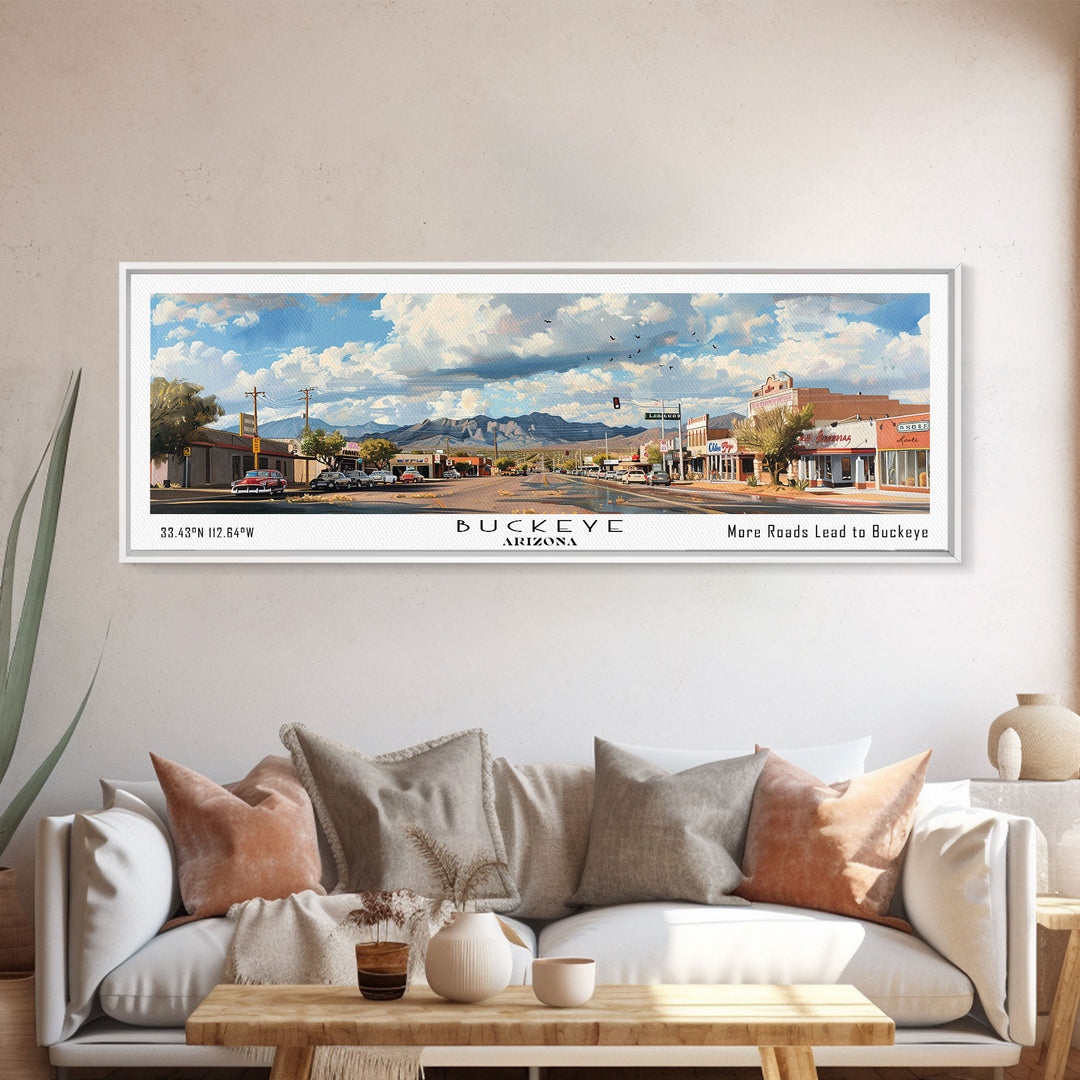 Buckeye Arizona Panoramic Watercolor Painting Framed Canvas Print, Travel Poster Art, Home Decor, Vibrant Arizona Cityscape, Office Decoration, Living Room Wall Art, Unique Gift