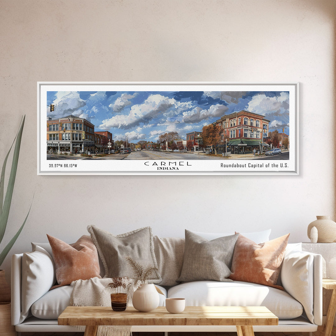 Carmel Indiana Panoramic Watercolor Painting Framed Canvas Print, Travel Poster Art, Home Decor, Picturesque Indiana Cityscape, Living Room Wall Art, Office Decoration, Gift for Art Lovers