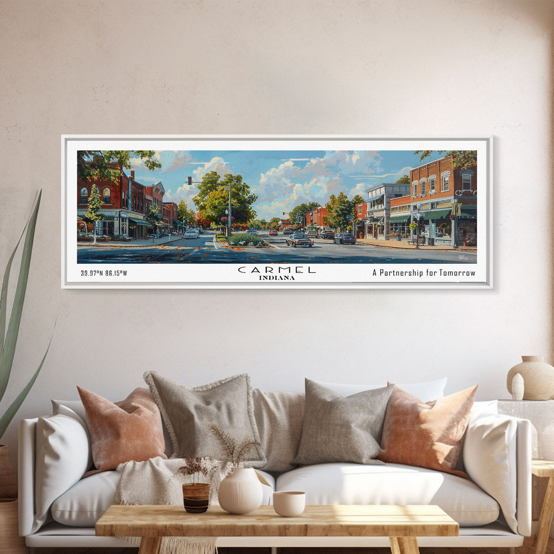 Carmel Indiana Panoramic Watercolor Painting Framed Canvas Print, Travel Poster Art, Charming Cityscape, Home Decor, Bedroom Wall Art, Office Decoration, Unique Travel Gift