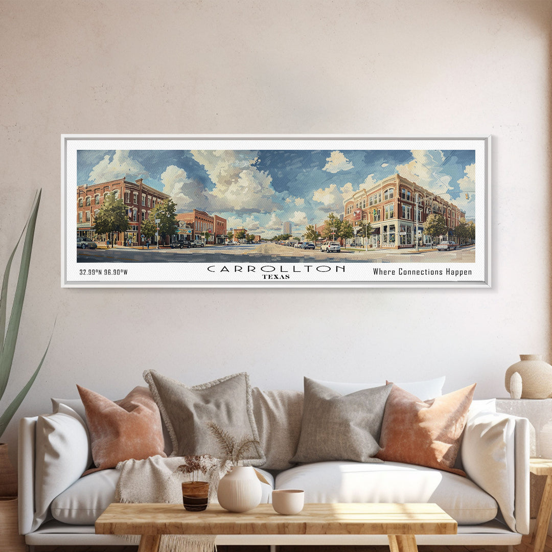 Carrolton Texas Panoramic Watercolor Painting Framed Canvas Print, Travel Poster Art, Home Decor, Vibrant Texas Cityscape, Living Room Wall Art, Office Decoration, Gift for Texans