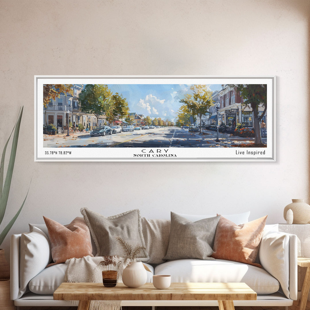 Cary North Carolina Panoramic Watercolor Painting Framed Canvas Print, Travel Poster Art, Home Decor, Picturesque North Carolina Landscape, Living Room Wall Art, Office Decoration, North Carolina Gift