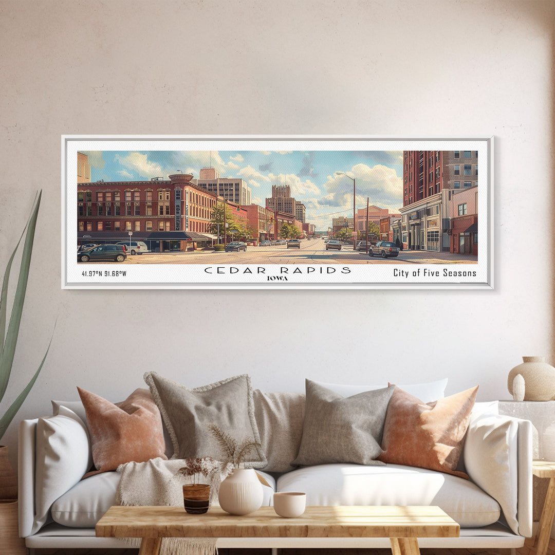 Cedar Rapids Iowa Panoramic Watercolor Painting Framed Canvas Print, Travel Poster Art, Home Decor, Iowa Cityscape, Living Room Decoration, Office Wall Art, Gift for Iowans