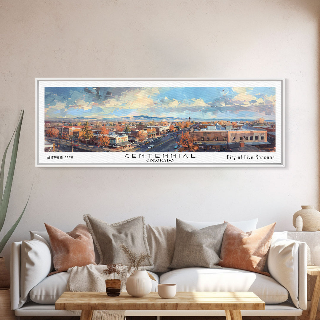 Centennial Colorado Panoramic Watercolor Painting Framed Canvas Print, Travel Poster Art, Home Decor, Mountain Cityscape, Bedroom Wall Art, Office Decoration, Unique Travel Gift