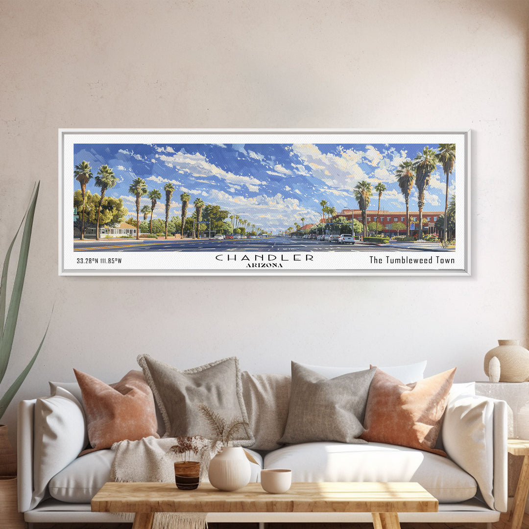 Chandler Arizona Panoramic Watercolor Painting Framed Canvas Print, Travel Poster Art, Home Decor, Vibrant Arizona Cityscape, Living Room Wall Art, Office Decoration, Gift for Art Lovers