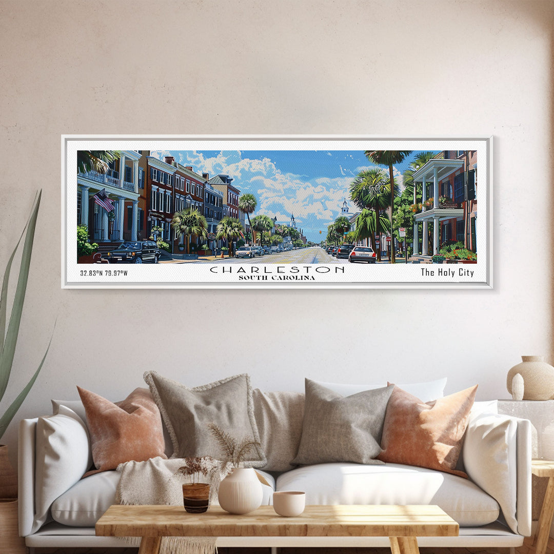 Charleston South Carolina Panoramic Watercolor Painting Framed Canvas Print, Travel Poster Art, Coastal Cityscape, Living Room Decor, Wall Hanging, Office Art, Southern Charm Gift