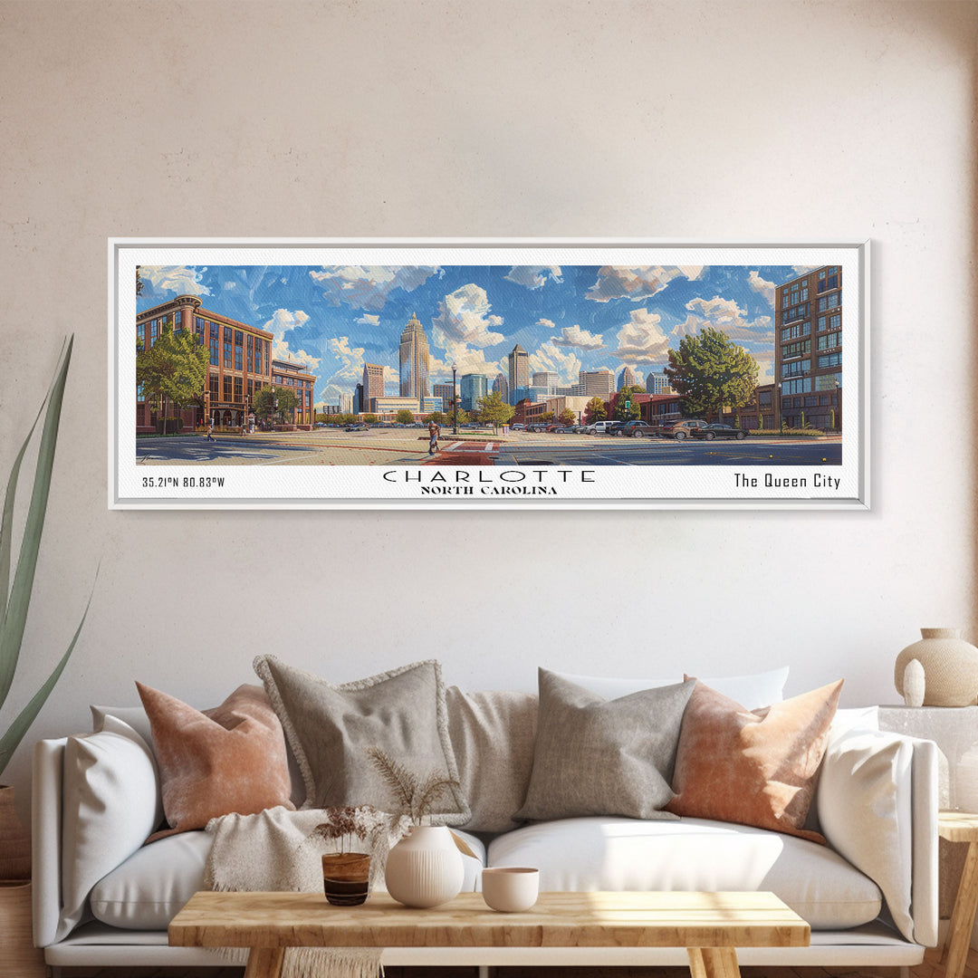 Charlotte North Carolina Panoramic Watercolor Painting Framed Canvas Print, Travel Poster Art, Urban Cityscape, Living Room Decor, Wall Art, Office Decoration, North Carolina Gift