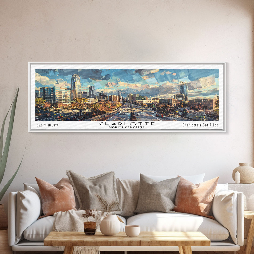 Charlotte North Carolina Panoramic Watercolor Painting Framed Canvas Print, Travel Poster Art, Urban Landscape, Home Decor, Bedroom Wall Art, Office Decoration, Unique Travel Gift