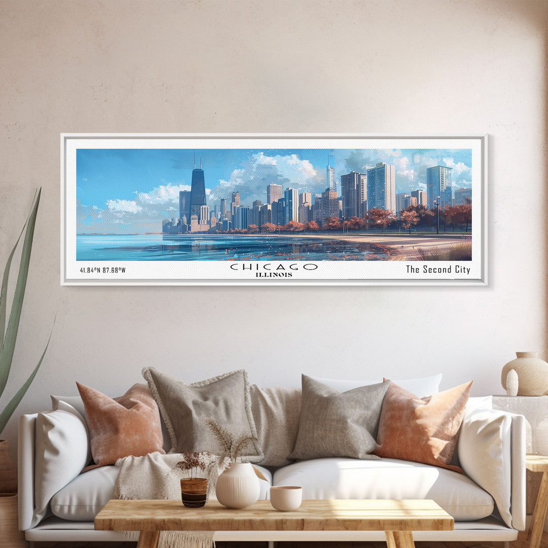 Chicago Illinois Panoramic Watercolor Painting Framed Canvas Print, Travel Poster Art, Urban Landscape, Bedroom Wall Art, Living Room Decoration, Office Wall Art, Windy City Gift