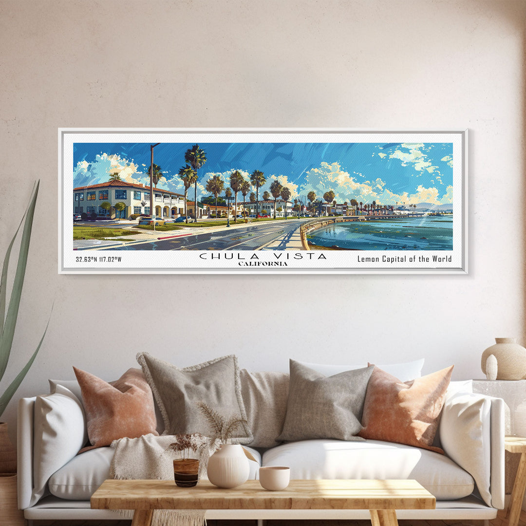 Chula Vista California Panoramic Watercolor Painting Framed Canvas Print, Travel Poster Art, Coastal View, Home Decor, Wall Hanging, Office Art, Gift for Coastal Lovers