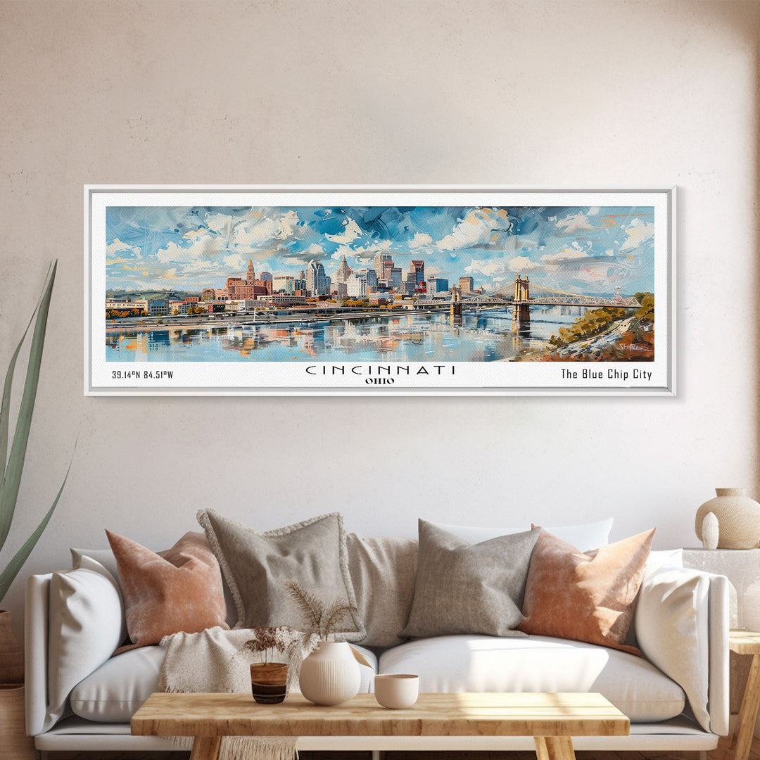 Cincinnati Ohio Panoramic Watercolor Painting Framed Canvas Print, Travel Poster Art, Urban Cityscape, Home Decor, Living Room Wall Art, Office Decoration, Gift for Ohioans