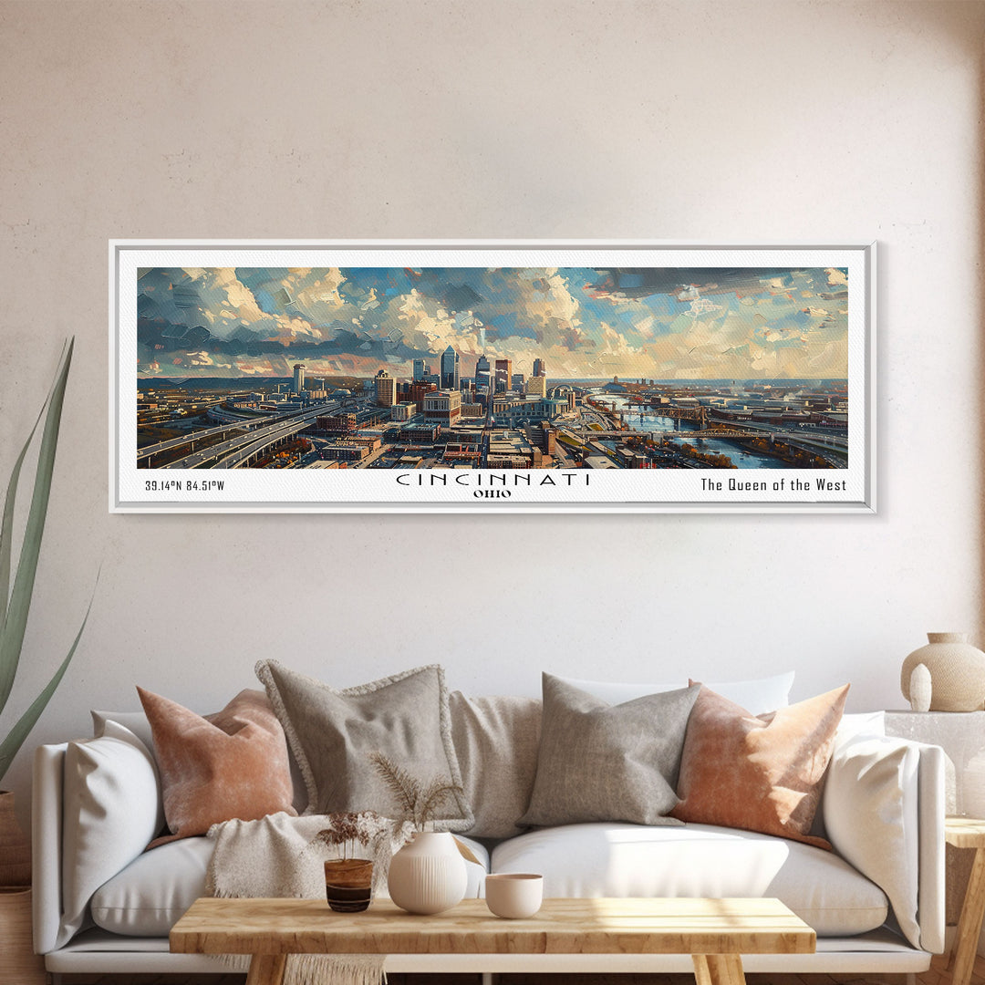 Cincinnati Ohio Panoramic Watercolor Painting Framed Canvas Print, Travel Poster Art, Urban Landscape, Bedroom Wall Art, Living Room Decoration, Office Wall Art, Ohio-Themed Gift