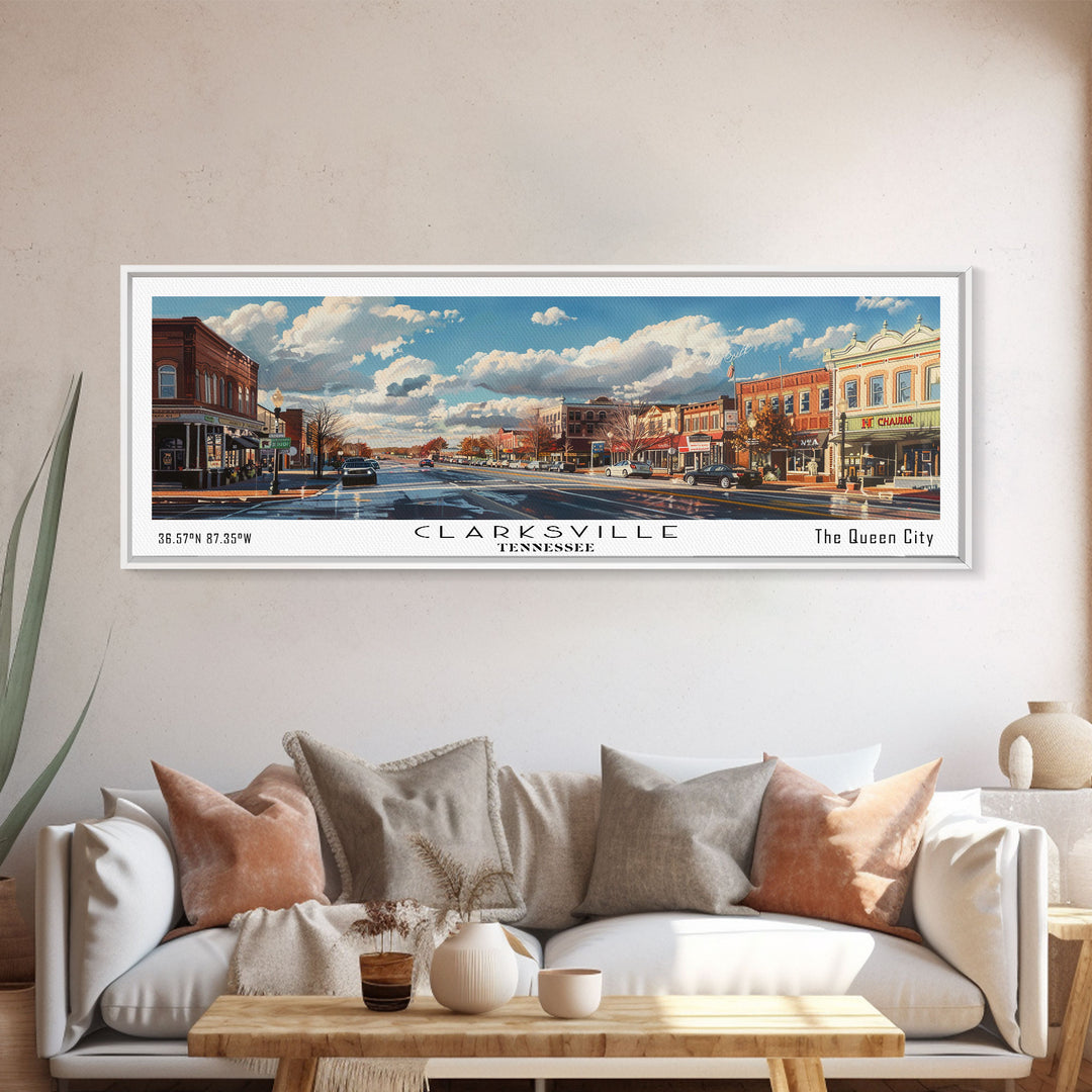 Clarksville Tennessee Panoramic Watercolor Painting Framed Canvas Print, Travel Poster Art, Scenic Landscape, Home Decor, Living Room Wall Art, Office Decoration, Unique Tennessee Gift
