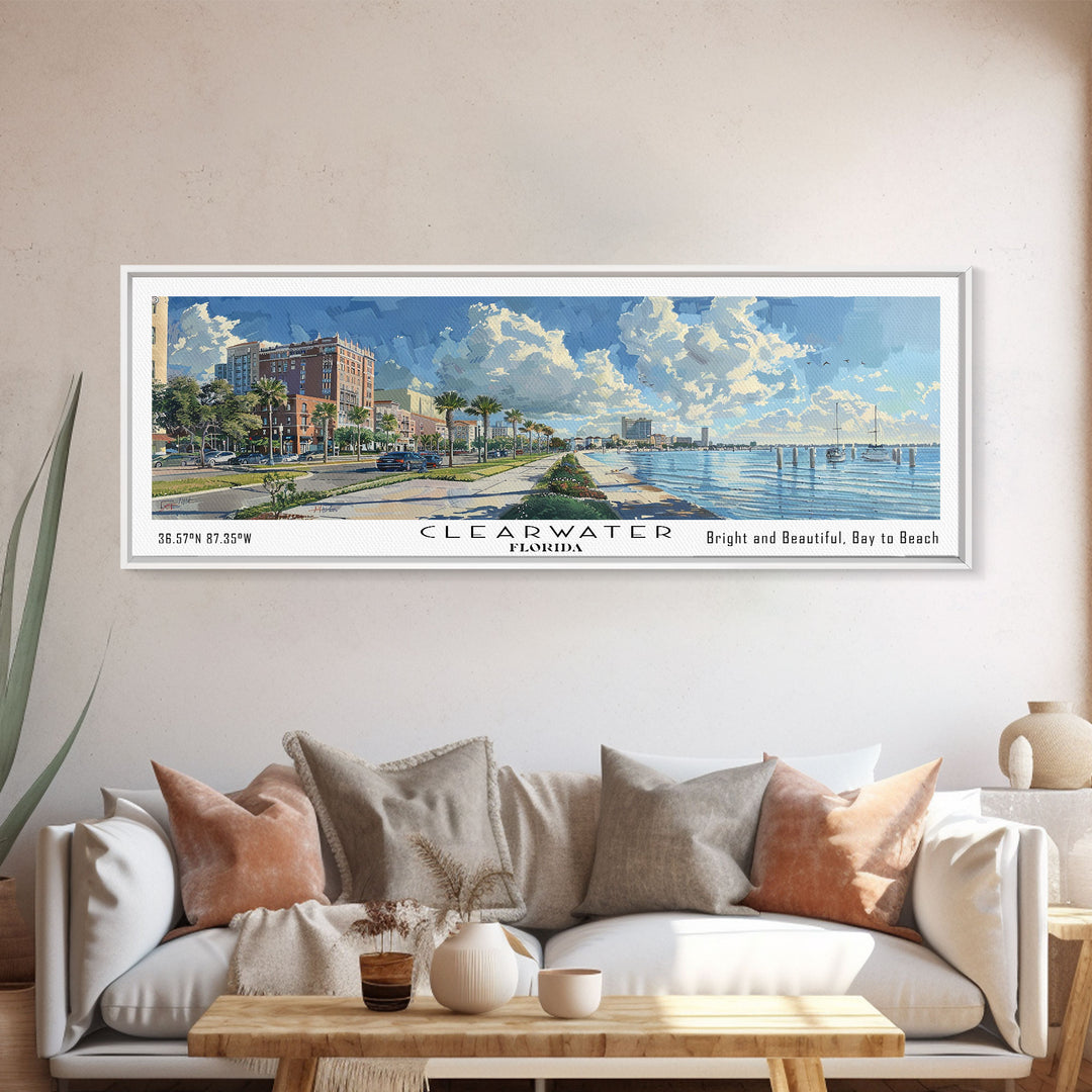 Clearwater Florida Panoramic Watercolor Painting Framed Canvas Print, Travel Poster Art, Coastal View, Home Decor, Wall Hanging, Office Art, Gift for Beach Lovers