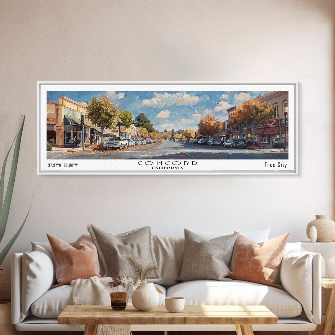 Concord California Panoramic Watercolor Painting Framed Canvas Print, Travel Poster Art, Picturesque Landscape, Living Room Decor, Wall Art, Office Decoration, Unique Travel Gift