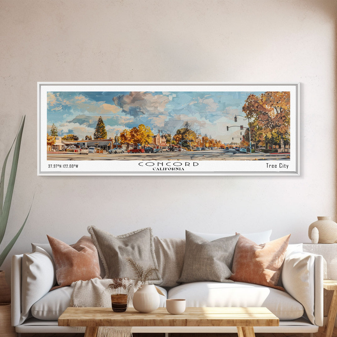 Concord California Panoramic Watercolor Painting Framed Canvas Print, Travel Poster Art, Urban Landscape, Bedroom Wall Art, Living Room Decoration, Office Wall Art, California-Themed Gift