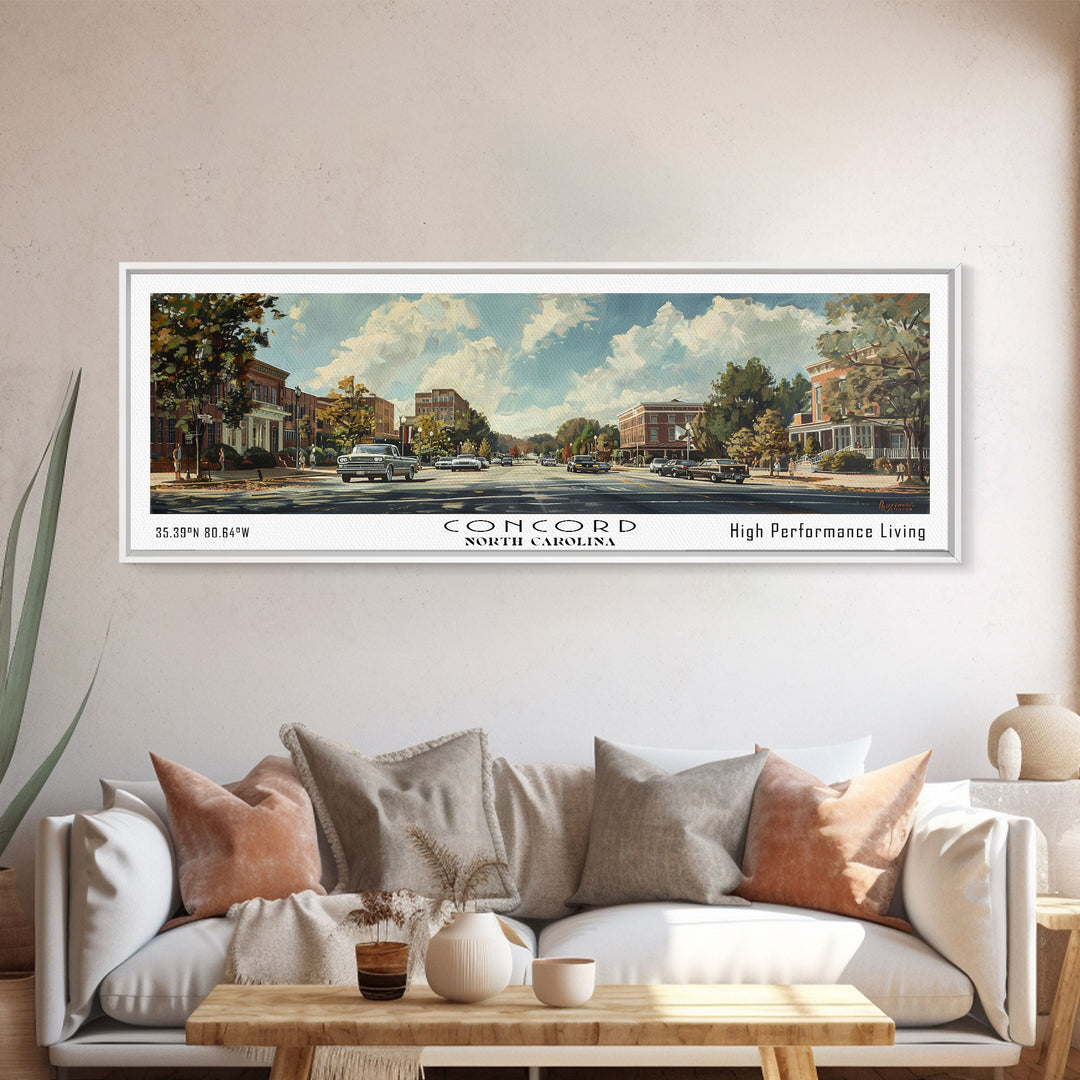 Concord North Carolina Panoramic Watercolor Painting Framed Canvas Print, Travel Poster Art, Urban Cityscape, Living Room Decor, Wall Hanging, Office Art, Southern Charm Gift
