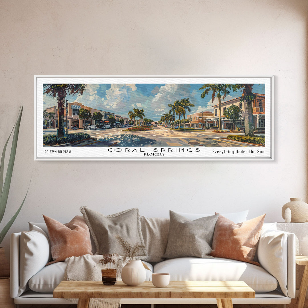 Coral Springs Florida Panoramic Watercolor Painting Framed Canvas Print, Travel Poster Art, Coastal View, Home Decor, Living Room Wall Art, Office Decoration, Gift for Beach Lovers