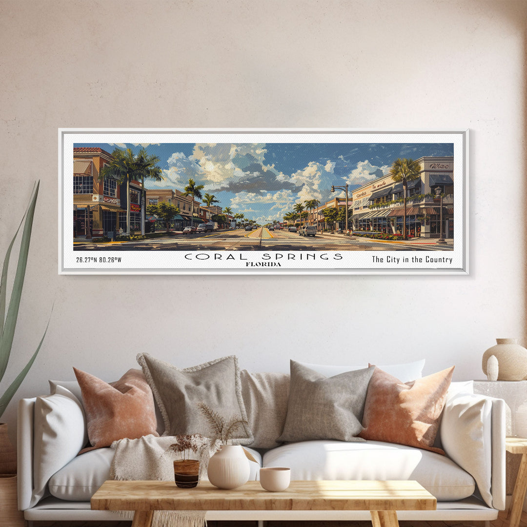 Coral Springs Florida Panoramic Watercolor Painting Framed Canvas Print, Travel Poster Art, Scenic Coastal View, Bedroom Wall Art, Living Room Decoration, Office Wall Art, Florida-Themed Gift