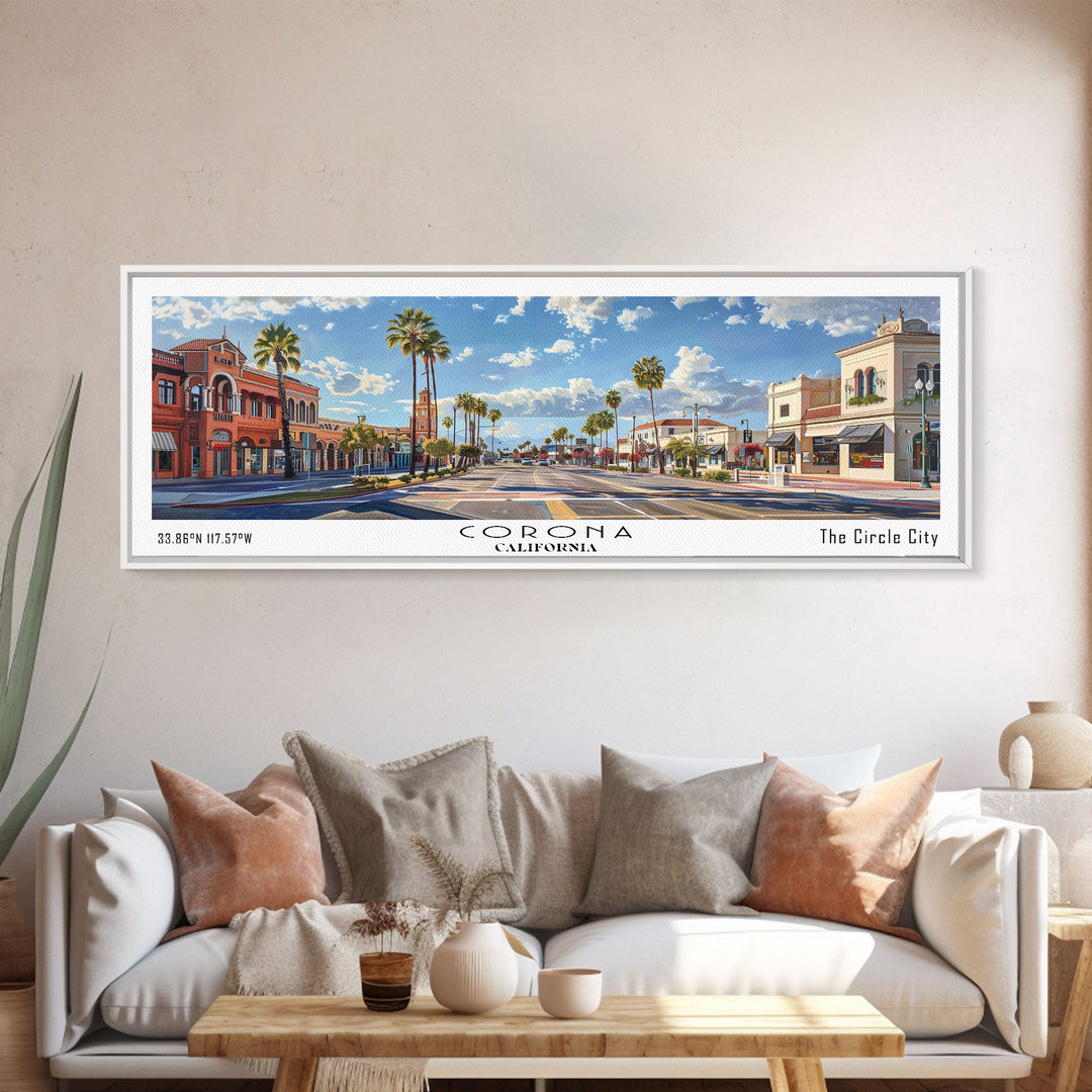 Corona California Panoramic Watercolor Painting Framed Canvas Print, Travel Poster Art, Urban Cityscape, Home Decor, Living Room Wall Art, Office Decoration, Gift for California Lovers