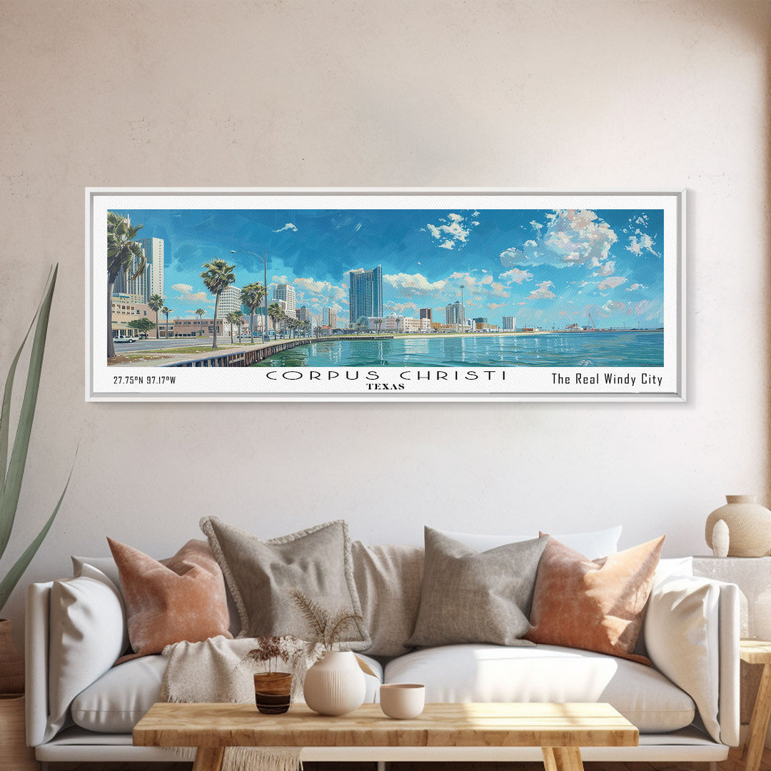 Corpus Christi Texas Panoramic Watercolor Painting, Scenic Framed Canvas Print, Coastal Wall Art for Living Room, Travel Decor, City Print, Vacation Gift