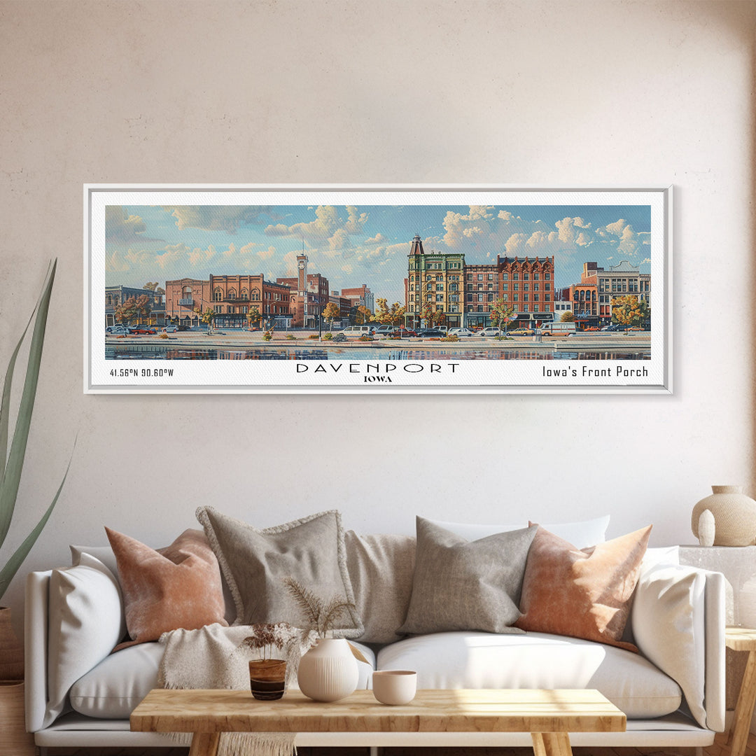 Davenport Iowa Panoramic Watercolor Painting, Scenic Framed Canvas Print, Urban Wall Art for Office, Travel Poster, Home Decor, City Gift Idea