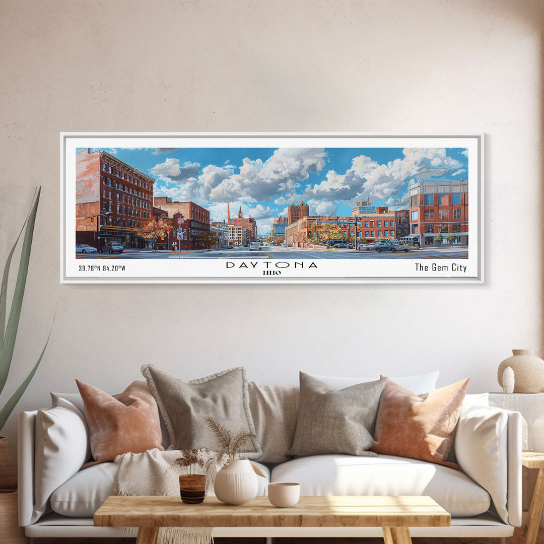 Daytona Ohio Panoramic Watercolor Painting, Scenic Framed Canvas Print, Urban Wall Art for Office, Travel Poster, Home Decor, City Gift Idea