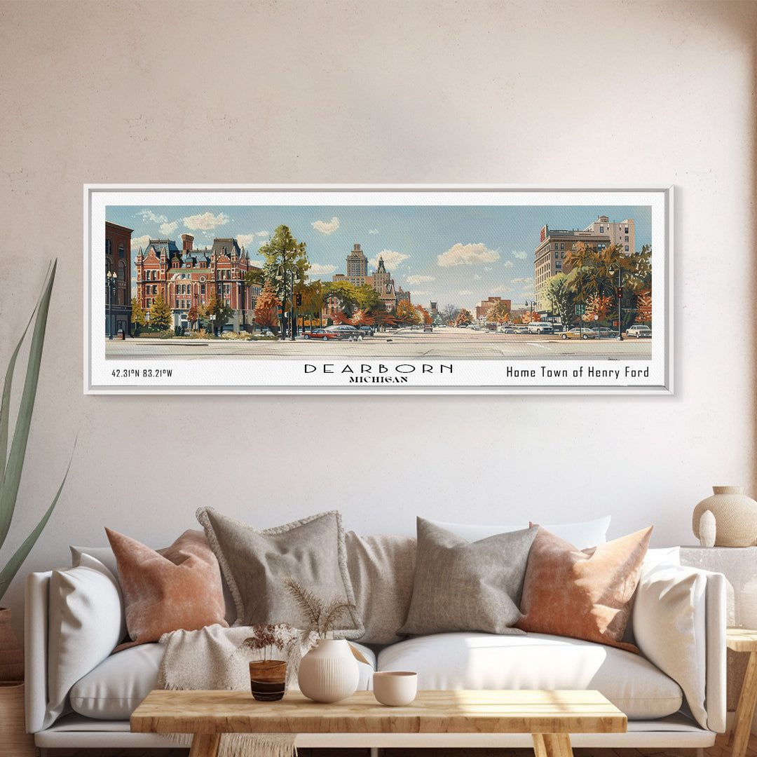 Dearborn Michigan Panoramic Watercolor Painting, Scenic Framed Canvas Print, Urban Wall Art for Living Room, Travel Decor, City Print, Gift Idea