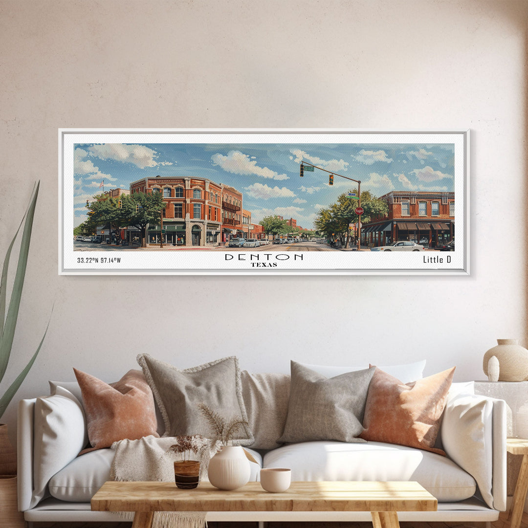 Denton Texas Panoramic Watercolor Painting, Scenic Framed Canvas Print, Urban Wall Art for Living Room, Travel Decor, City Print, Gift Idea