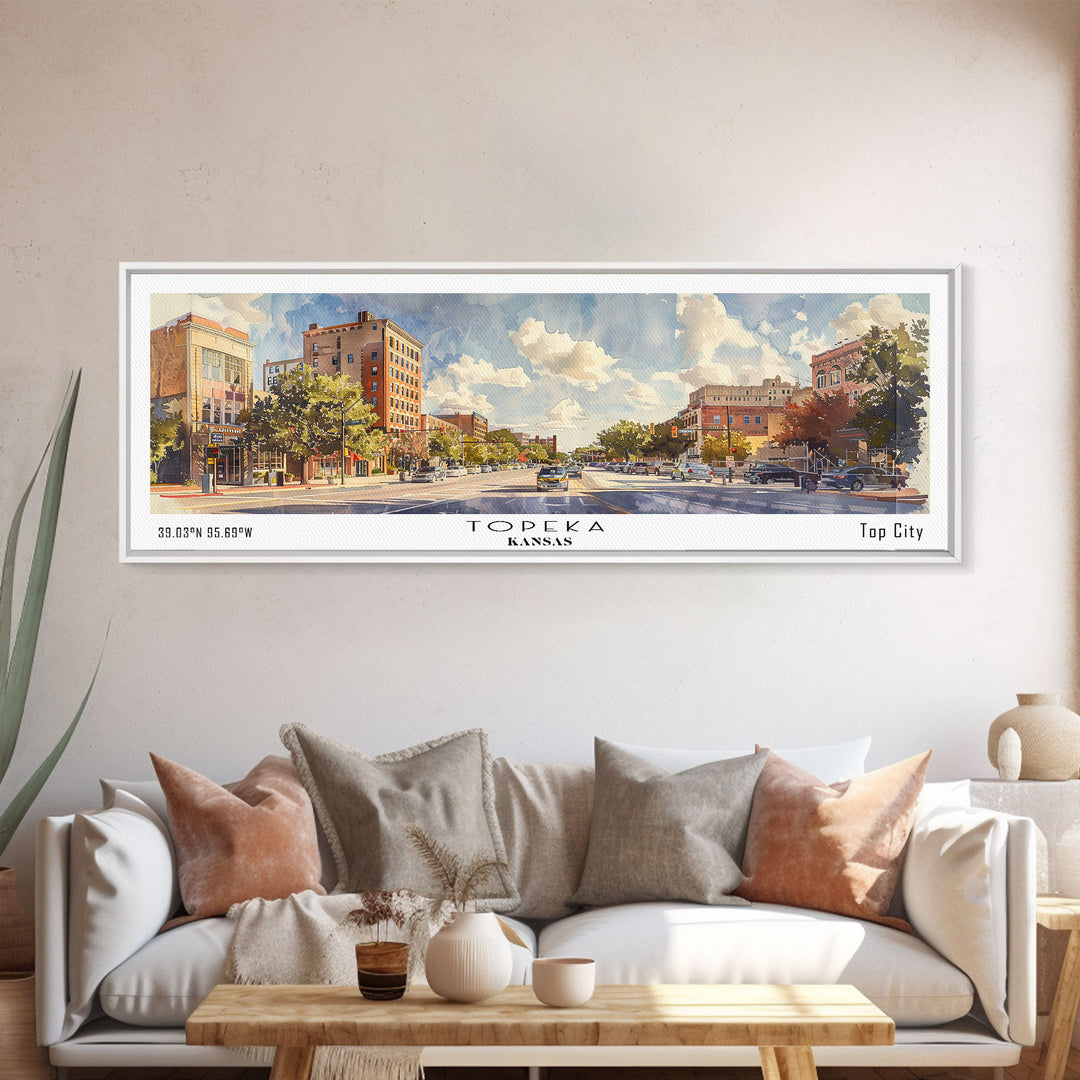 Topeka Kansas Panoramic Wall Art, Framed Canvas Print, Vintage Style Travel Poster, Home Decor, Artistic Office Piece, Unique Gift Idea