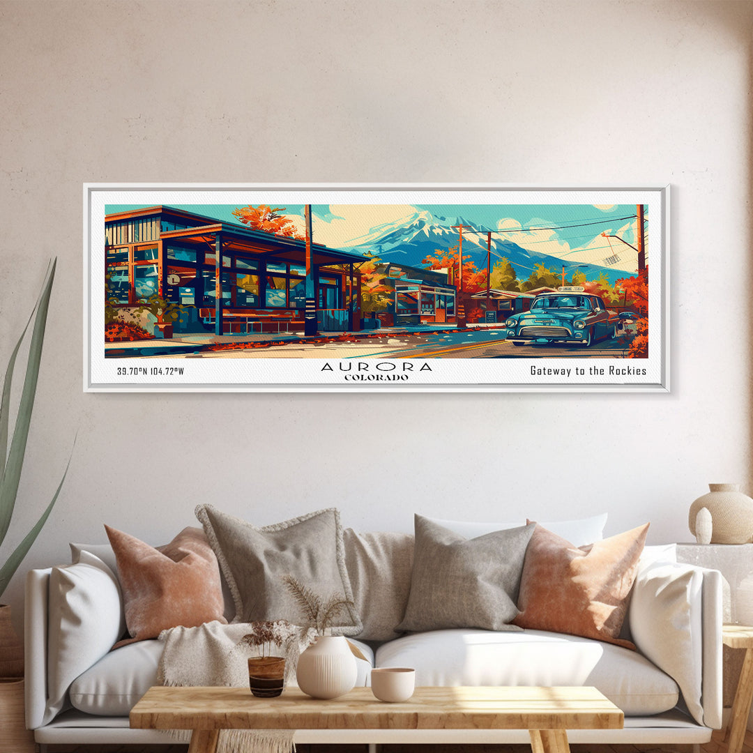 Aurora Colorado Panoramic Painting Framed Canvas Print, Mid Century Modern Art, Pop Art Style, Travel Poster, Wall Art Decor, Retro Style